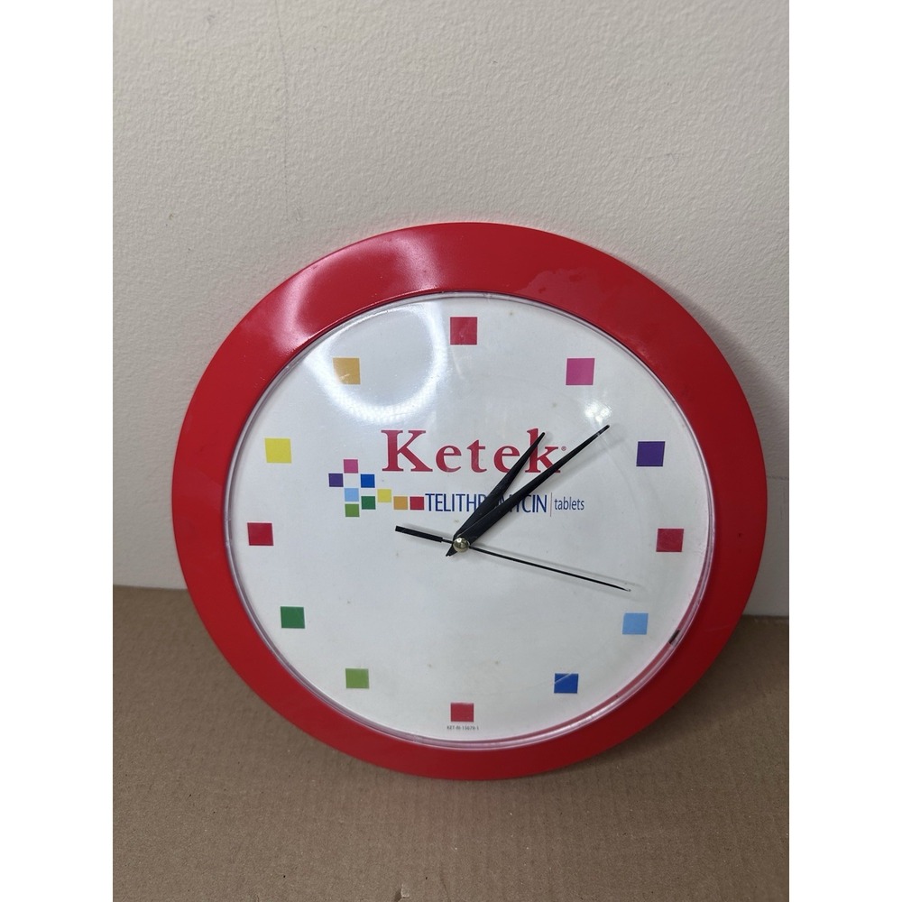 Ketek Pharmaceutical Drug Rep Wall Clock 12 Inch Red White Collectible Works
